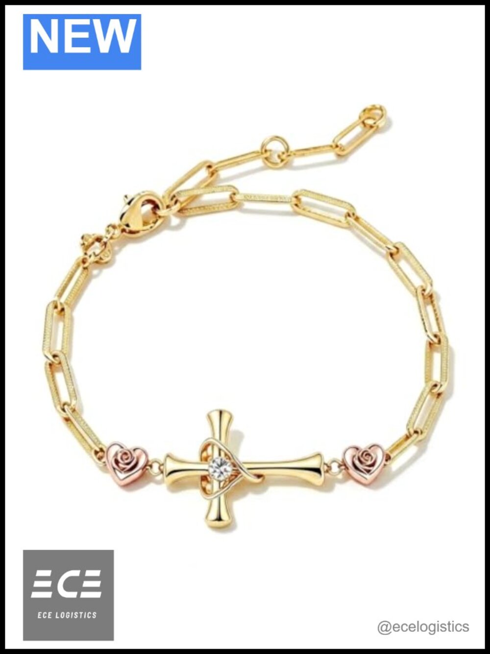 Cross Heart Charm Bracelet High-Shine Plated Adjustable Lobster Clasp